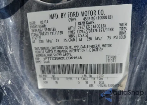 2014 Ford F-250 Xlt из США, поврежденный, VIN 1FT7X2B62EEB51648